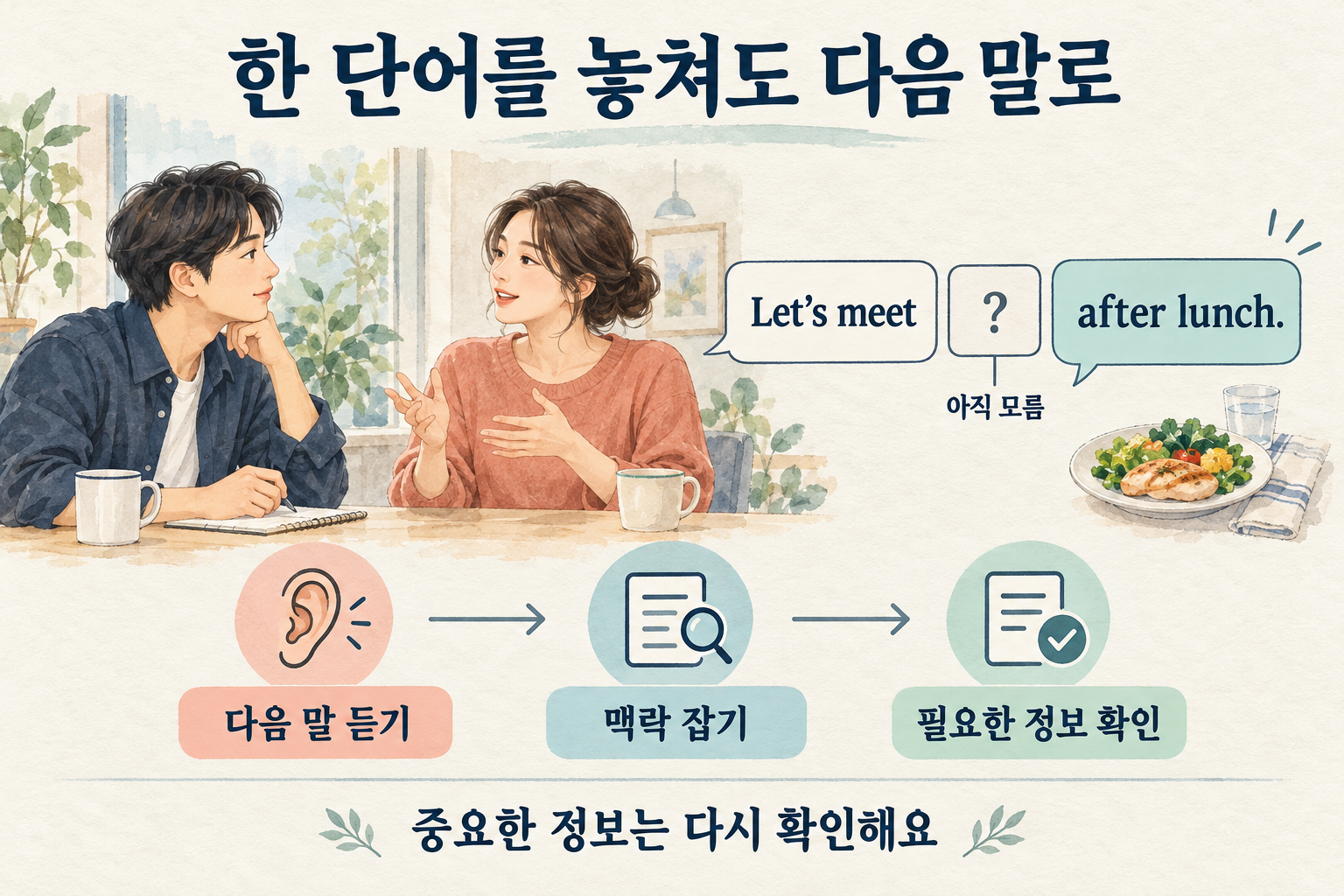영어 대화에서 놓친 한 단어는 아직 모름으로 남겨 두고 after lunch처럼 뒤에 들리는 정보를 이어 들은 뒤 중요한 내용을 확인하는 성인 학습 장면.