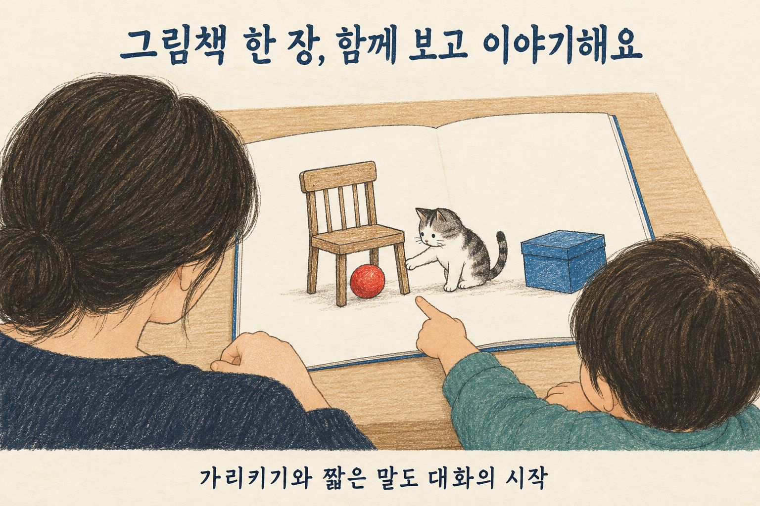 보호자와 아이가 의자 아래 빨간 공, 앞발을 뻗은 고양이, 파란 상자가 그려진 그림책 한 장을 함께 바라보고 아이가 자유롭게 가리키는 편집 일러스트.