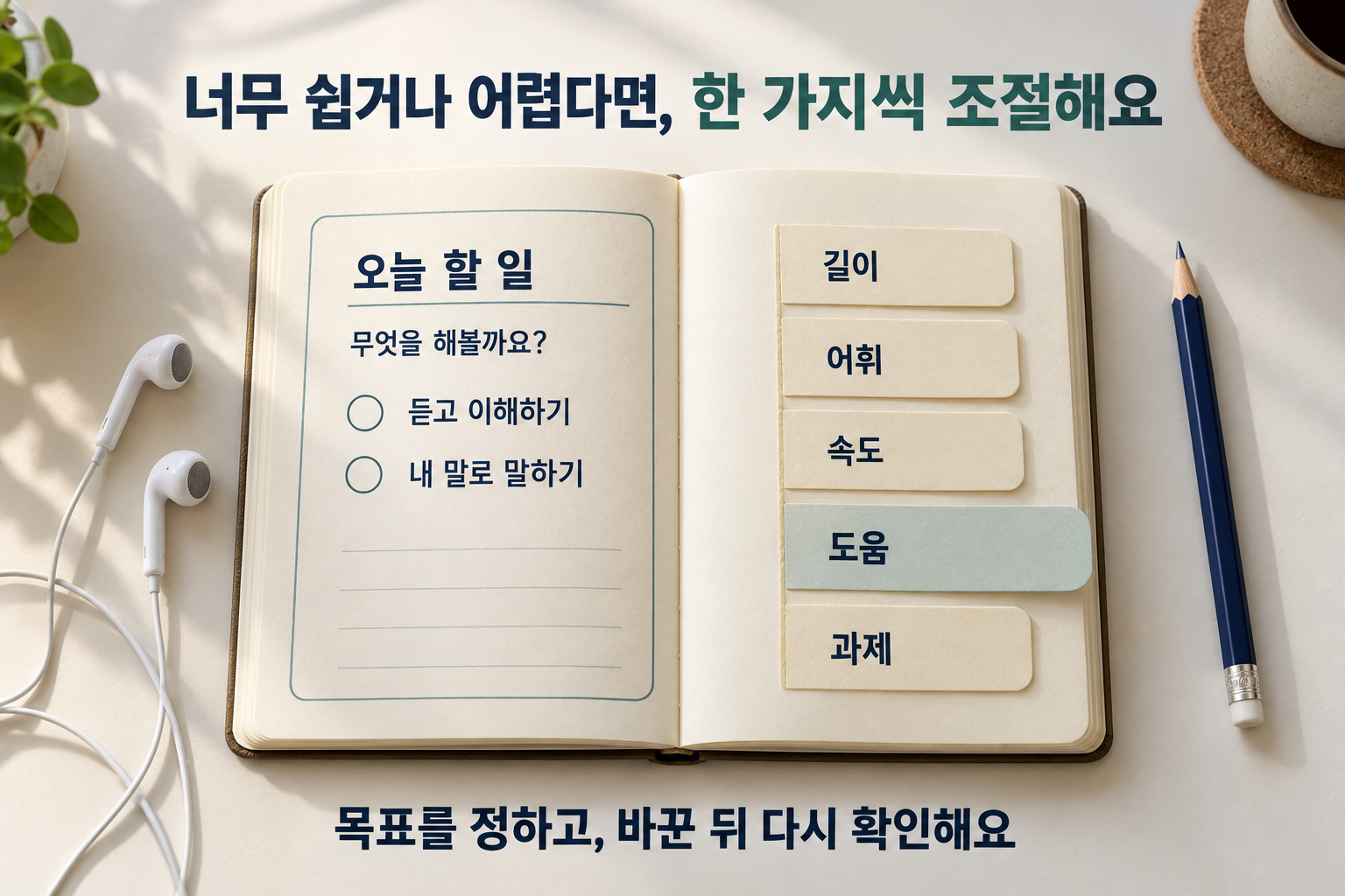 연습 목표를 먼저 정한 뒤 길이, 어휘, 속도, 도움, 과제 중 한 가지씩 조절해 다시 확인하도록 안내하는 노트와 종이 탭.