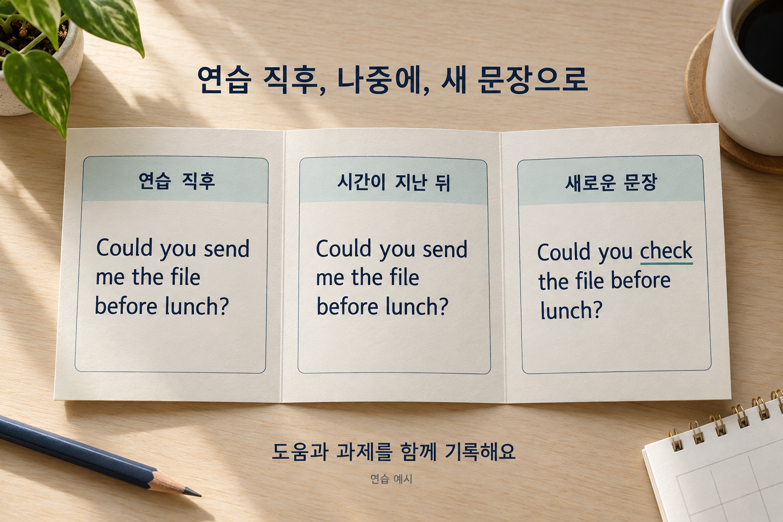 같은 요청 문장을 연습 직후와 시간이 지난 뒤 확인하고, send를 check로 바꾼 새 문장을 별도로 살피는 세 칸 학습 카드. 도움과 과제도 함께 기록하도록 안내한다.
