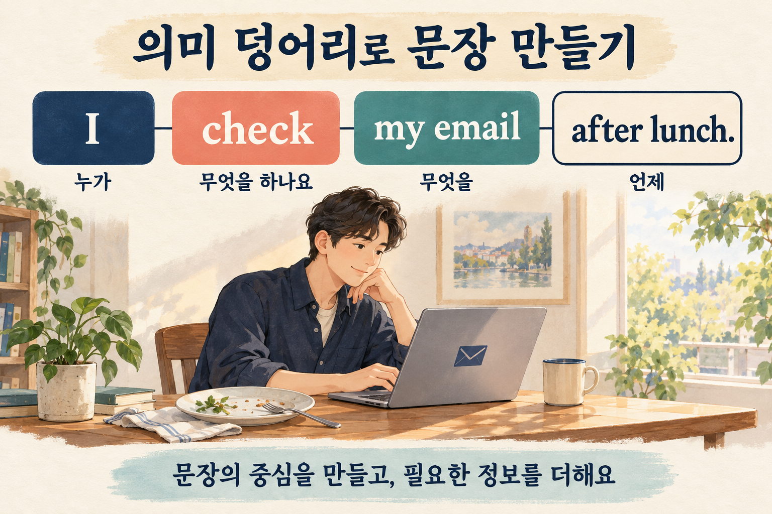 I check my email after lunch 문장을 누가, 무엇을 하는지, 무엇을, 언제라는 의미 덩어리로 나눈 학습 카드와 점심 뒤 이메일을 확인하는 성인.
