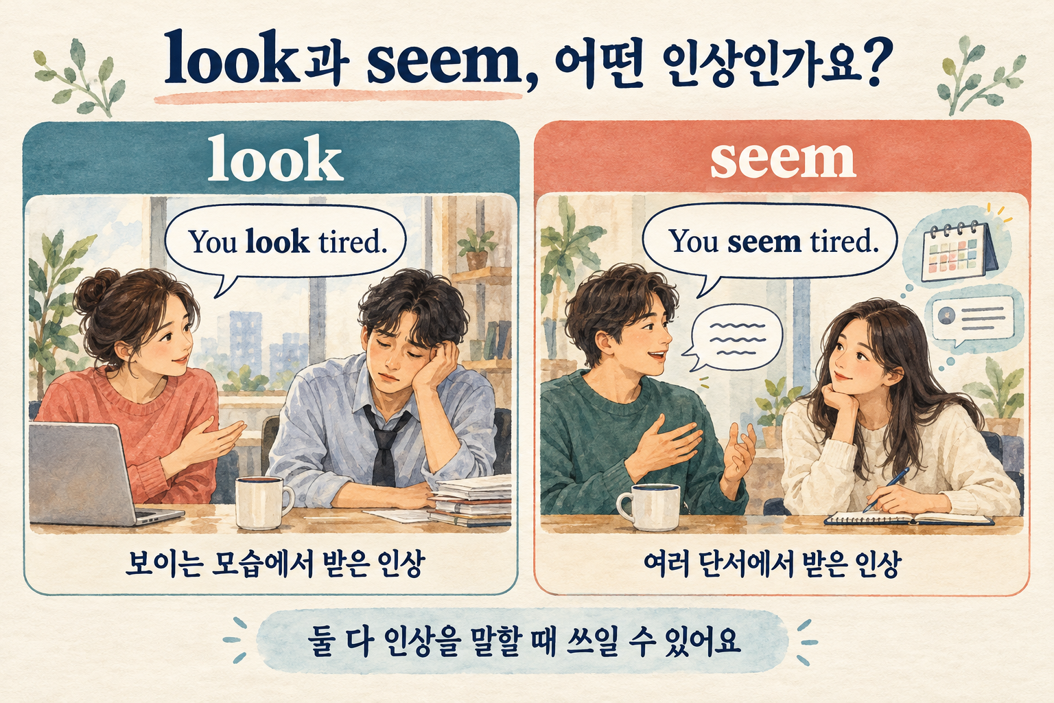 You look tired와 You seem tired를 보이는 모습과 여러 단서에서 받은 인상으로 비교하되, 두 표현 모두 인상을 나타낼 수 있음을 설명한 일러스트.
