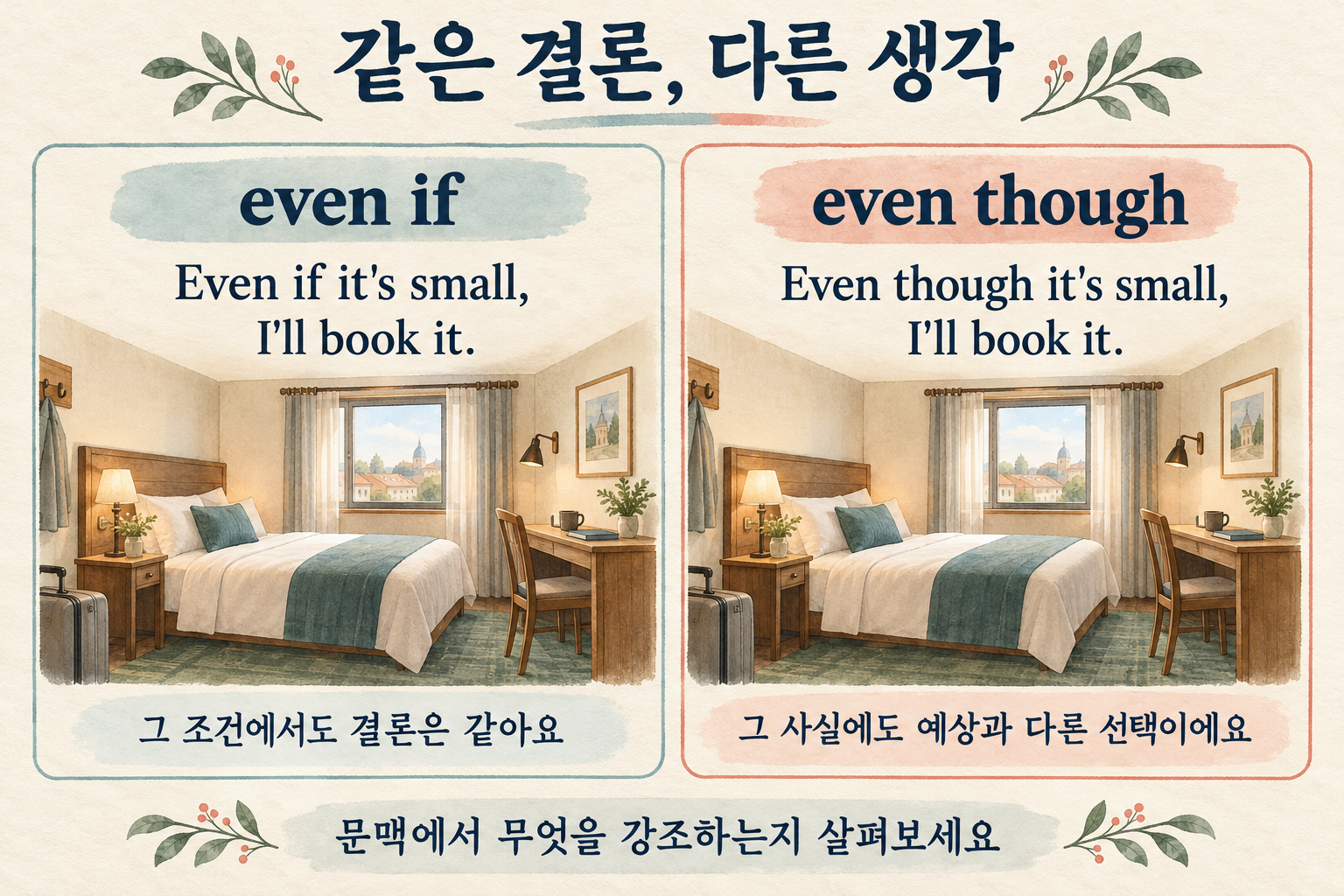 작은 방을 예약하는 같은 결론을 even if의 조건에서도 유지하는 선택과 even though의 사실에도 예상과 다른 선택으로 나누어 비교한 학습 카드.