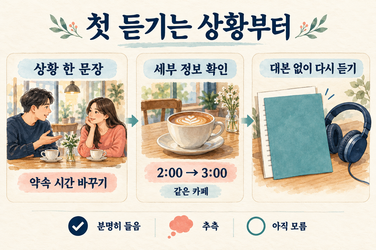카페 약속 시간을 바꾸는 대화의 상황과 세부 정보를 확인하고 대본 없이 다시 들으며, 분명히 들은 내용과 추측, 아직 모르는 내용을 구별하는 학습 카드.