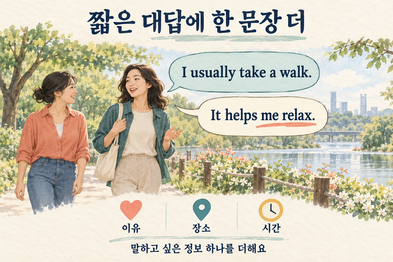 산책하는 성인이 I usually take a walk에 It helps me relax라는 이유를 덧붙이며, 이유·장소·시간 중 말하고 싶은 정보 하나를 고르는 일러스트.