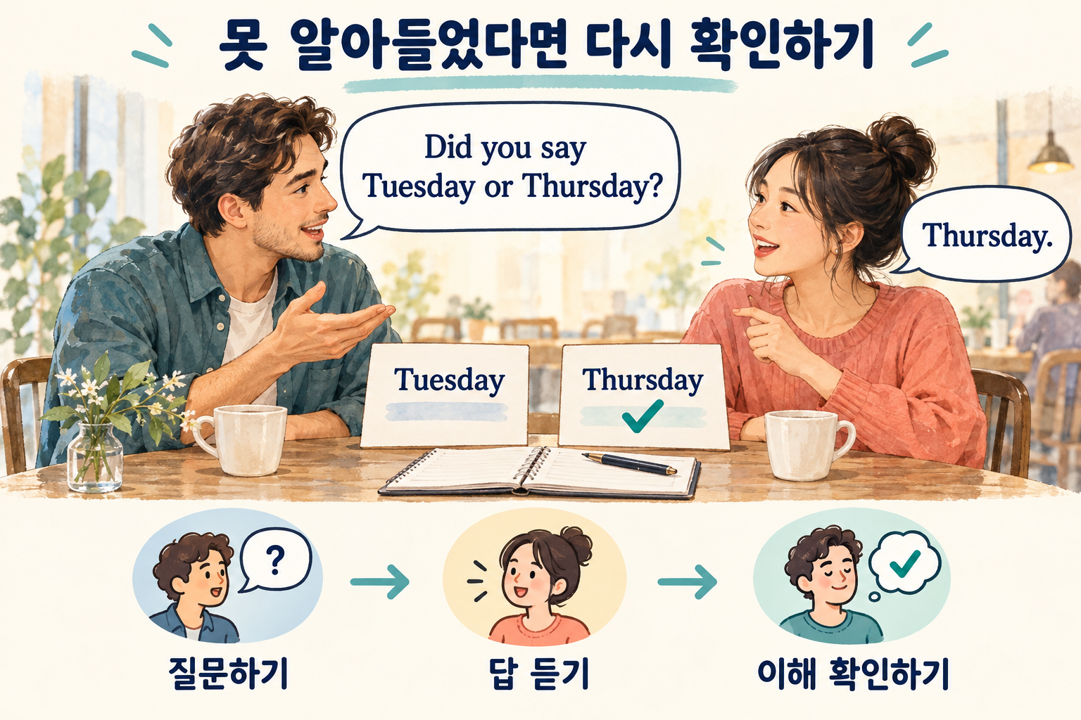 두 성인이 Tuesday인지 Thursday인지 질문하고 Thursday라는 답을 들은 뒤 일정 정보를 함께 확인하는 영어 대화 장면.