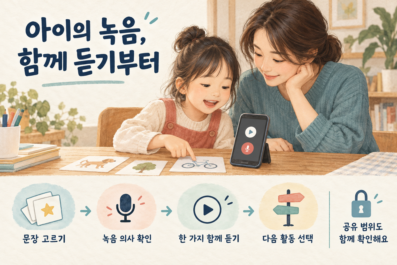 보호자와 아이가 녹음 의사와 공유 범위를 확인하고 영어 녹음을 나란히 들으며 다음 활동을 함께 고르는 장면.