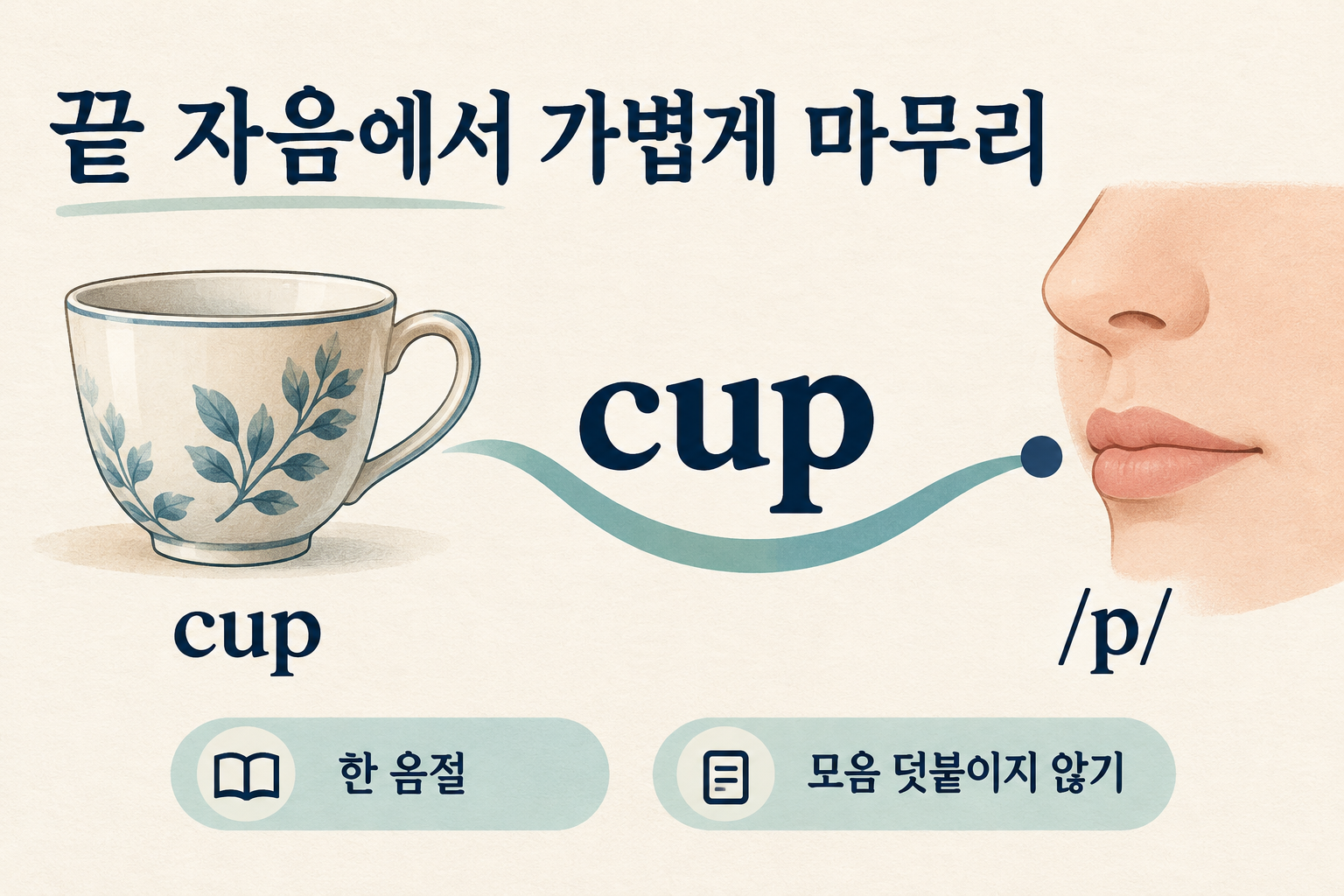 컵 그림과 가볍게 닫힌 입술을 통해 cup을 한 음절로 말하고 끝소리 /p/ 뒤에 모음을 덧붙이지 않는 연습을 보여 주는 일러스트.