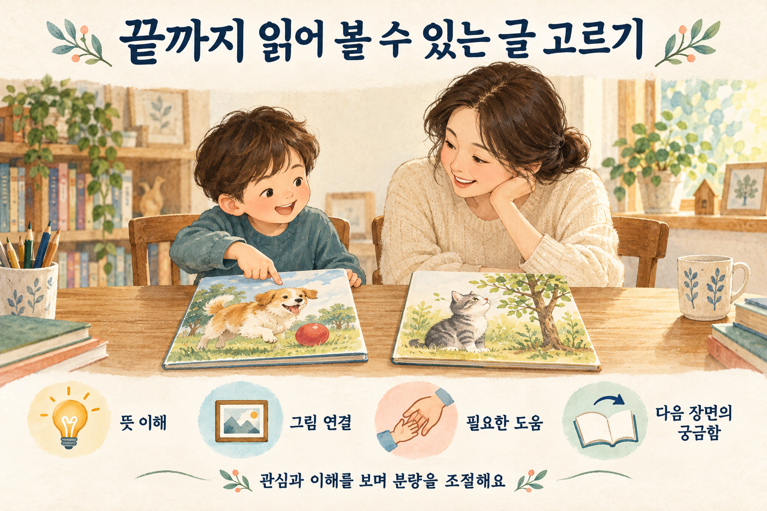 아이와 보호자가 동물 그림책 두 권을 살펴보며 관심과 뜻 이해, 그림 연결, 필요한 도움을 기준으로 읽을 글을 고르는 장면.