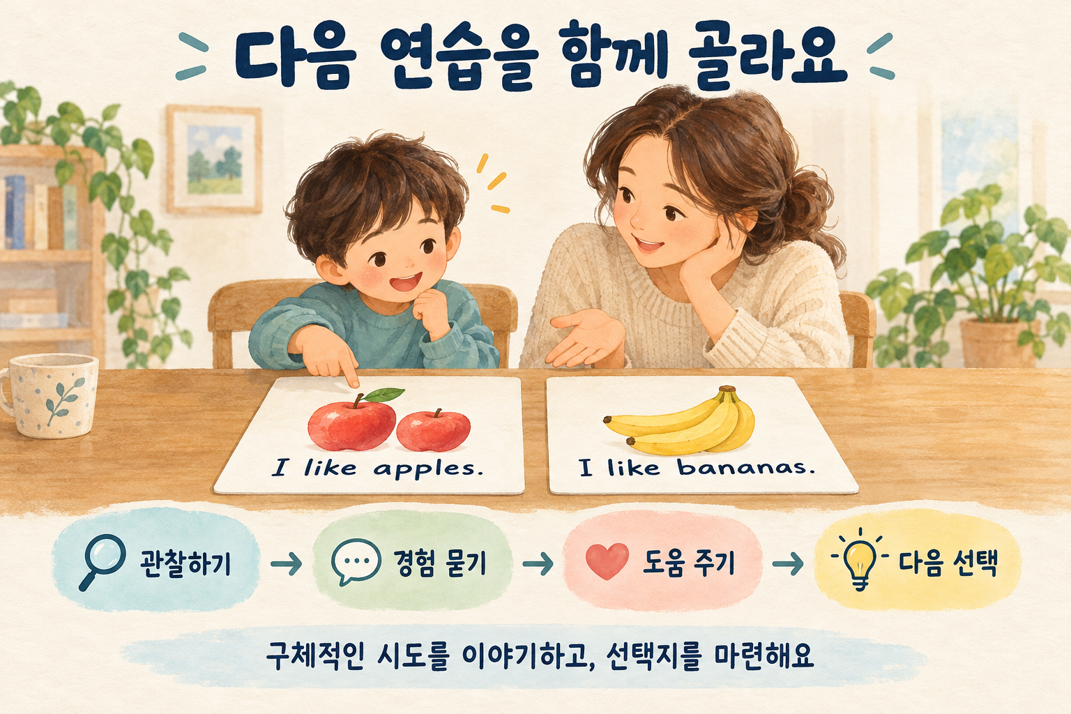 보호자와 아이가 I like apples와 I like bananas 문장 카드를 함께 보고 구체적인 시도와 경험을 이야기하며 다음 연습을 고르는 일러스트.