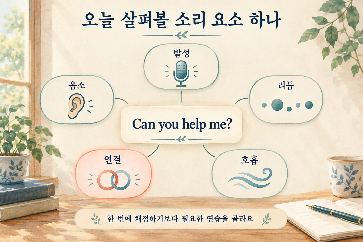 Can you help me 문장을 중심으로 발성·음소·리듬·연결·호흡의 다섯 관찰 창을 두고 오늘 살펴볼 연결 한 요소만 강조한 일러스트.