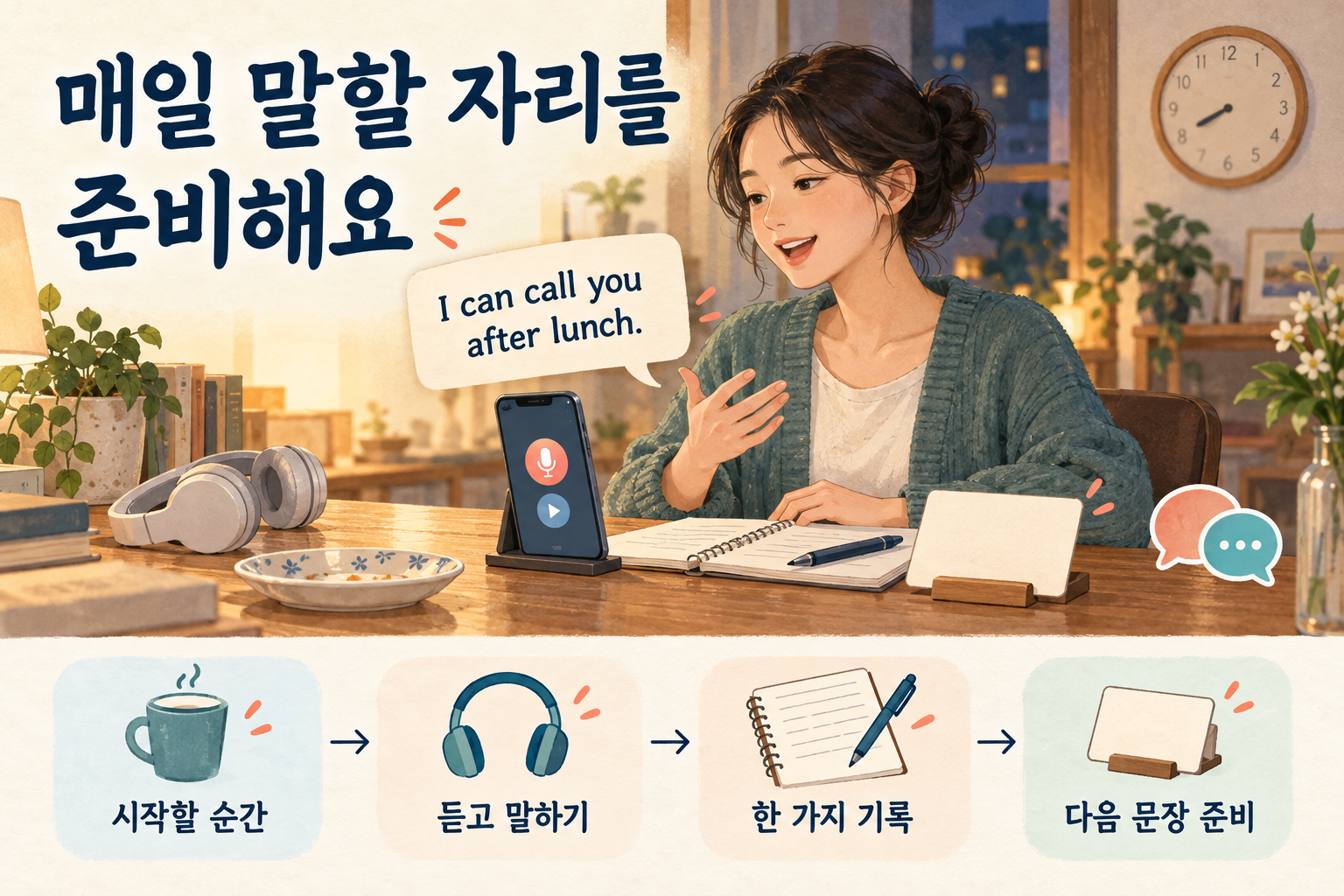 저녁 식사 뒤 준비된 자리에서 짧은 영어 문장을 듣고 직접 말하며 한 가지를 기록하고 다음 문장을 준비하는 가상의 성인 학습자.