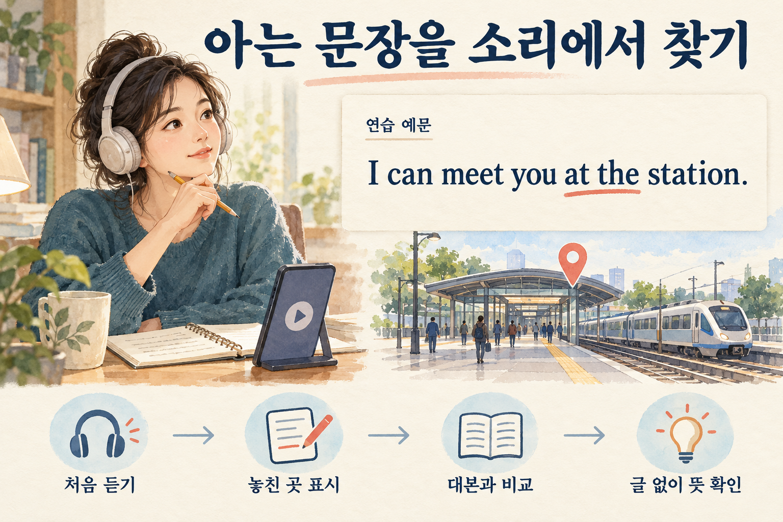 가상의 성인 학습자가 I can meet you at the station 예문의 at the 부분을 표시하고 처음 듣기, 놓친 곳 표시, 대본 비교, 글 없이 뜻 확인의 순서로 연습하는 일러스트.