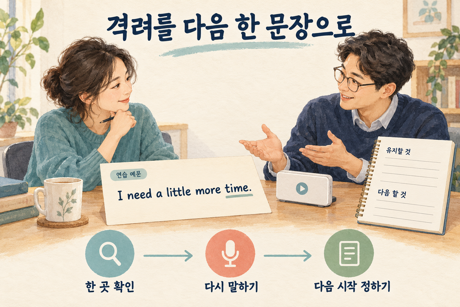 가상의 성인 학습자와 코치가 I need a little more time 예문에서 확인할 한 부분을 고르고 유지할 것과 다음 할 것을 기록하며 다시 말하기와 다음 시작을 계획하는 일러스트.