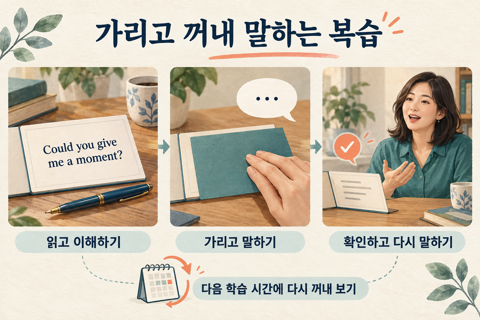 영어 예문을 읽고 이해한 뒤 답을 가리고 말하고, 확인한 후 다시 말하는 성인 학습자의 복습 과정을 보여 주는 세 장면.