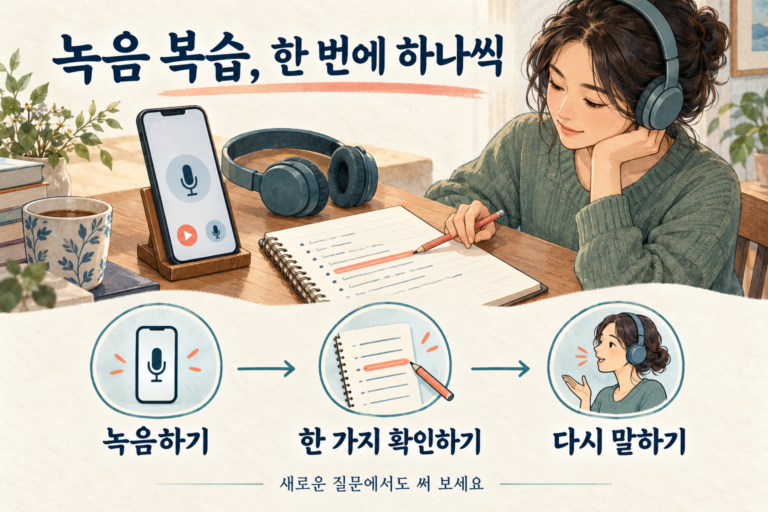 휴대전화 녹음기와 노트, 헤드폰을 이용해 영어 말하기를 녹음하고 한 가지 목표를 확인한 뒤 다시 말하는 학습 과정을 보여 주는 일러스트.