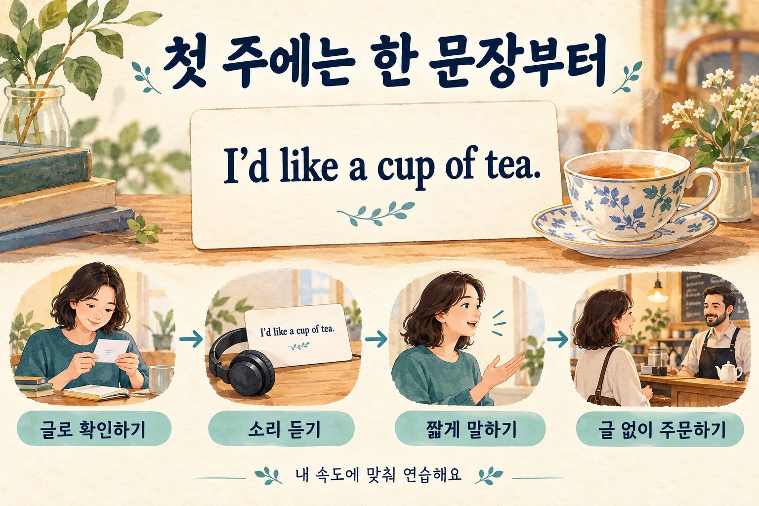 I'd like a cup of tea라는 짧은 문장을 글로 확인하고 듣고 말한 뒤, 글 없이 카페에서 주문해 보는 성인 영어 학습 과정.